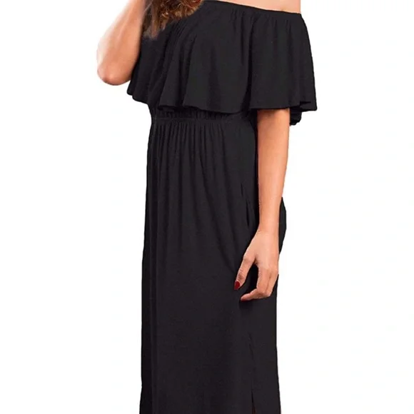 VERABENDI Women's Off Shoulder Summer Casual Long Ruffle Beach Maxi Dress with Pockets